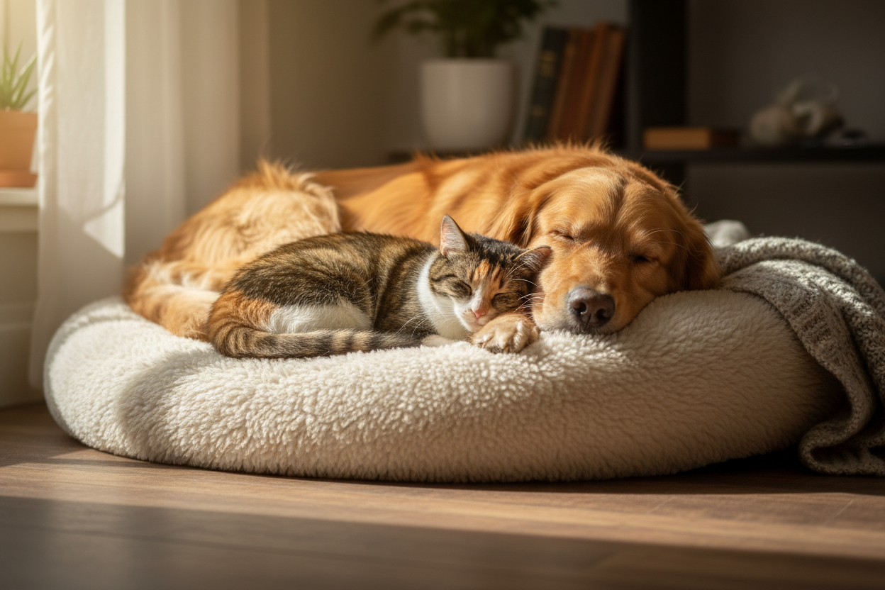 dog and cat laying on pet bed reealisitc image
