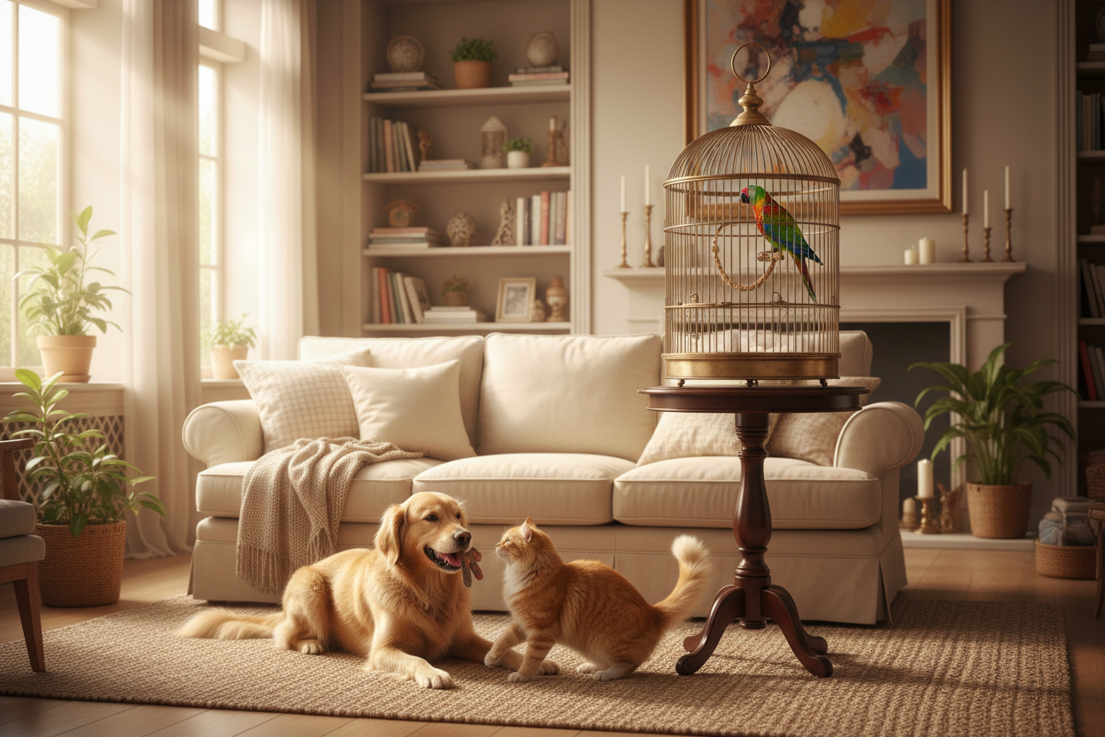 realisitc image of a bird in a cage in a living room with a dog and cat playing